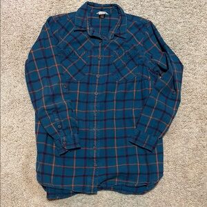 Blue and Orange Plaid Button-Up Shirt